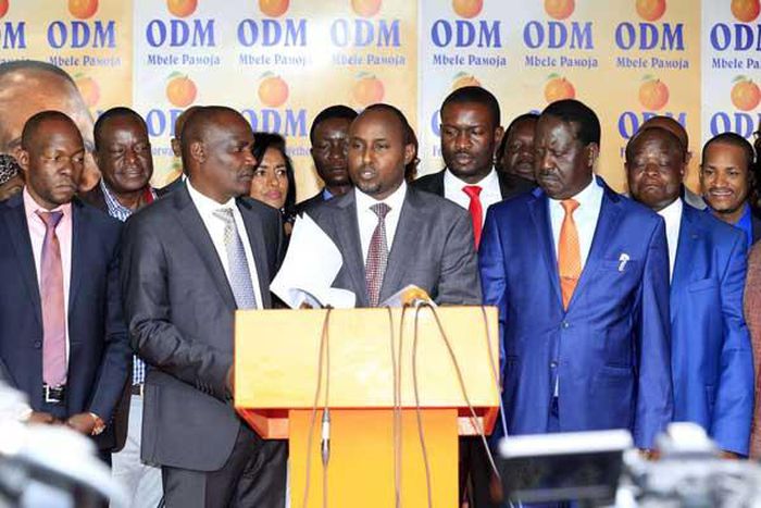File image of ODM leaders together with party leader Raila Odinga addressing the press at Orange House in Nairobi