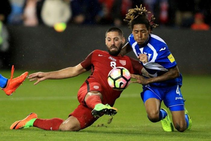 Clint Dempsey of the United States scores one of his three goals in a 6-0 thrashing of Honduras during their FIFA 2018 World Cup Qualifier