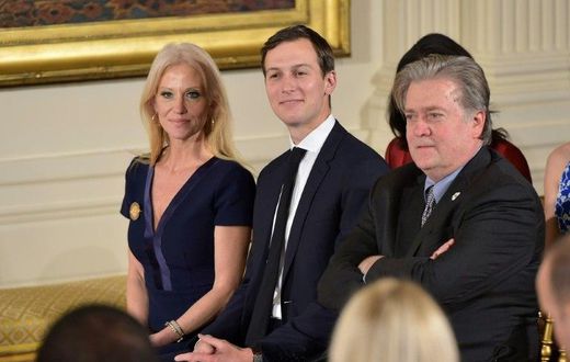 President Donald Trump has moved to reduce tensions between supporters of his Senior Advisor Jared Kushner (C) and chief strategist Steve Bannon