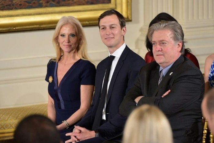 President Donald Trump has moved to reduce tensions between supporters of his Senior Advisor Jared Kushner (C) and chief strategist Steve Bannon
