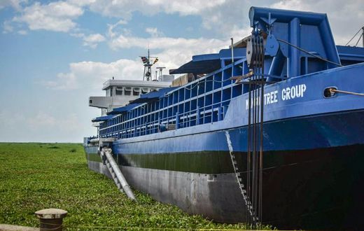 The dredger MV Mango Tree, tasked with removing water weeds on Lake Victoria and turning them into fertiliser, lands at the Kisumu Port docks.