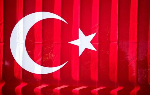 A Turkish flag outside a polling station at the Turkish consulate in Berlin on March 27, 2017