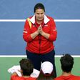 Spain's coach Conchita Martinez (C) talks to Spain's Feliciano Lopez (R) and Marc Lopez (L) during the first round Davis Cup match in Osijek, Croatia, on February 4, 2017