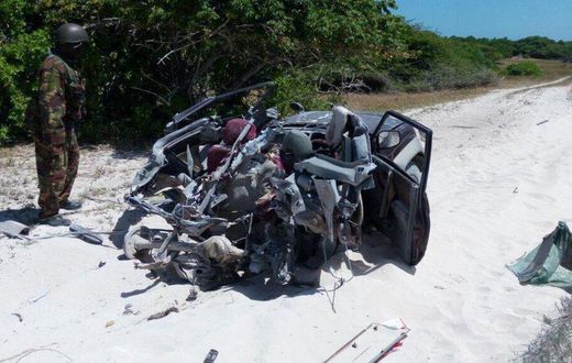 The mangled wreckage of the TGF car after it was blown up by a past IED.