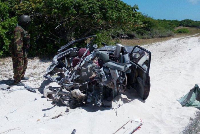 The mangled wreckage of the TGF car after it was blown up by a past IED.