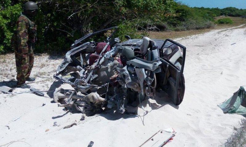 The mangled wreckage of the TGF car after it was blown up by a past IED.