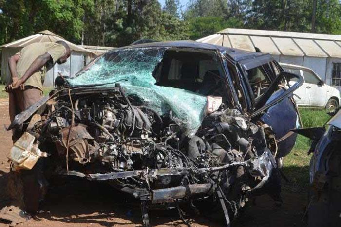 File image of the wreckage of a vehicle in which three AIPCA Bishops perished along the Mwea-Makutano road in 2017