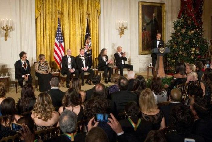 (L-R) The 2016 Kennedy Center Honorees: pianist Martha Argerich; actor Al Pacino: singer Mavis Staples; musician James Taylor; members of the Eagles: Don Henley, Timothy B. Schmit and Joe Walsh participate in a reception at The White House