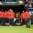 Manchester United manager Jose Mourinho (2nd L) and his players walk onto the pitch at the Friends Arena in Solna outside Stockholm on May 23, 2017, on the eve of the Europa League final against Ajax Amsterdam