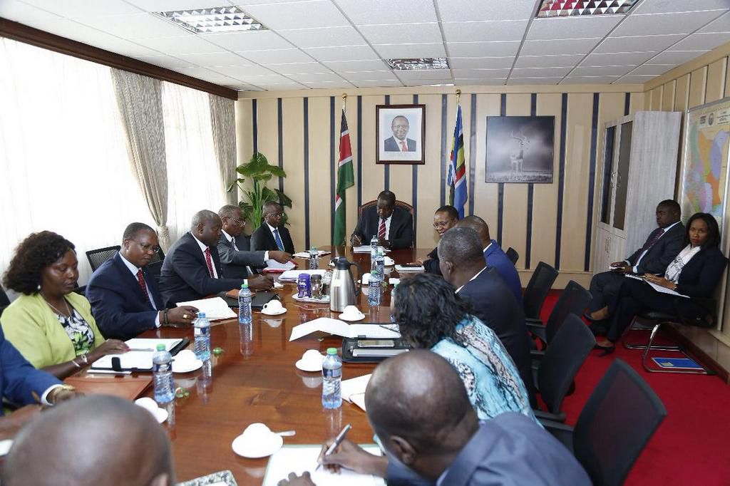 Dr Fred Matiang'i chairs a meeting with NTSA officials at his Harambee House office (Twitter)