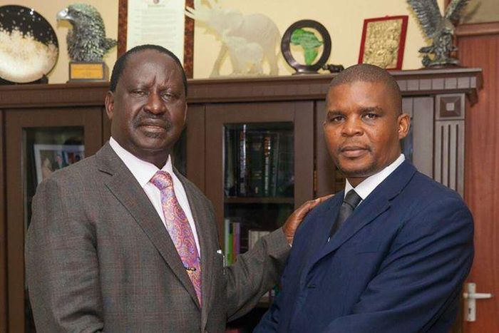 File image of Raila Odinga with Christopher Karan. ODM lost the Ugenya by-elections to MDG's David Ochieng