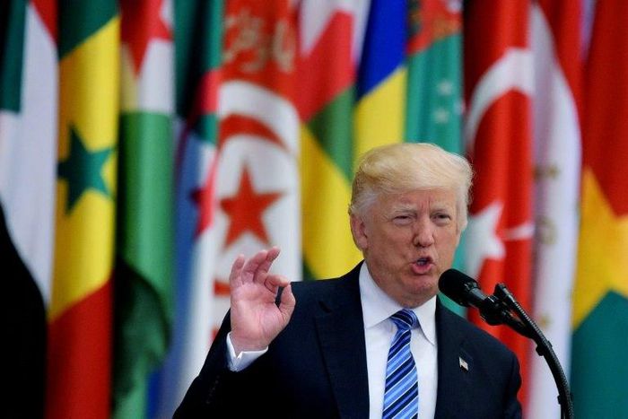 US President Donald Trump speaks during the Arabic Islamic American Summit at the King Abdulaziz Conference Center in Riyadh on May 21, 2017