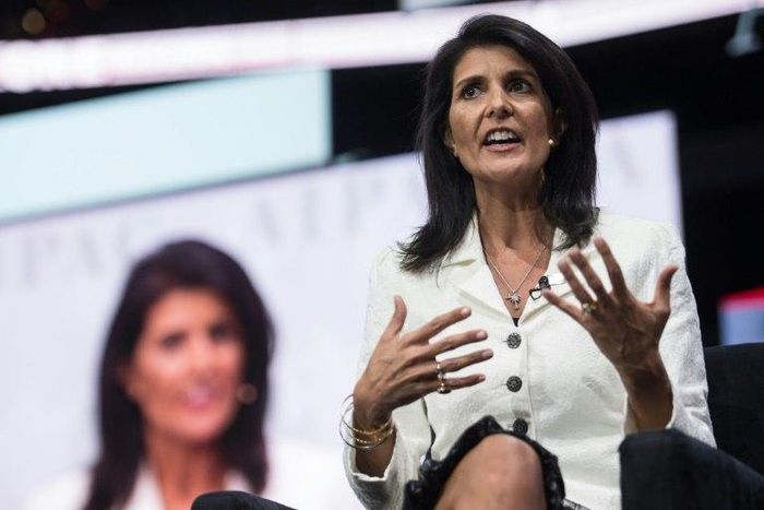 US Ambassador to the United Nations Nikki Haley addresses the American Israel Public Affairs Committee (AIPAC) policy conference