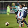 Lyon's Amel Majri (L) vies with Paris Saint-Germain's Veronica Boquete during the women's French Cup football finale match on May 19, 2017