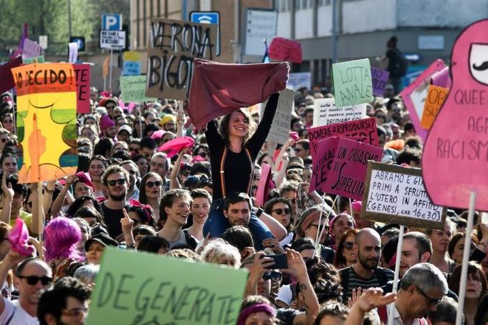 Feminists, LGTB rights campaigners and other activists marched to protest what they say are the US movement's ultra-conservative views