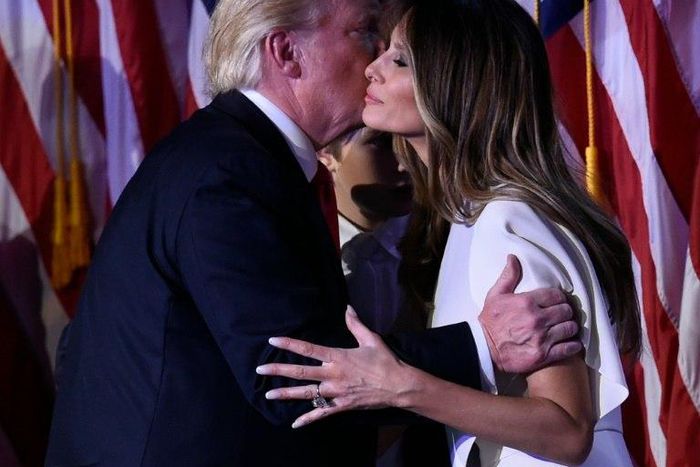 Donald Trump greets wife Melania at the New York Hilton Midtown in New York on November 8, 2016