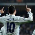 Real Madrid's midfielder James Rodriguez celebrates after scoring on a penalty kick during the Spanish Copa del Rey round of 16 first leg football match against Sevilla FC January 4, 2017