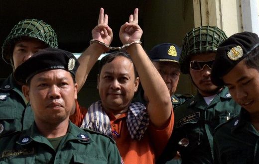 Nay Vanda (C), pictured outside the court in Phnom Penh in 2016, is among five Cambodian rights campaigners nominated for the Martin Ennals Award