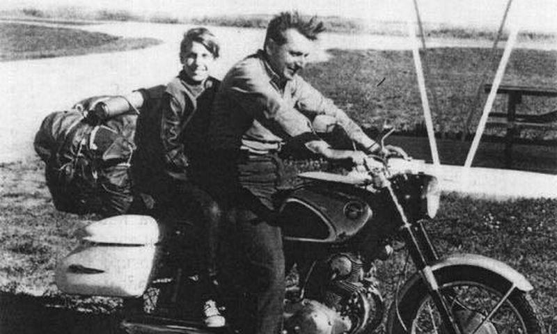 Robert Pirsig on a motorcycle with his son, Chris