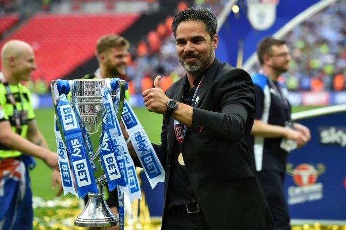 Huddersfield Town's head coach David Wagner gestures as he holds the Championship Playoff trophy on the pitch after winning the penalty shoot-out in the English Championship play-off final football match against and Reading