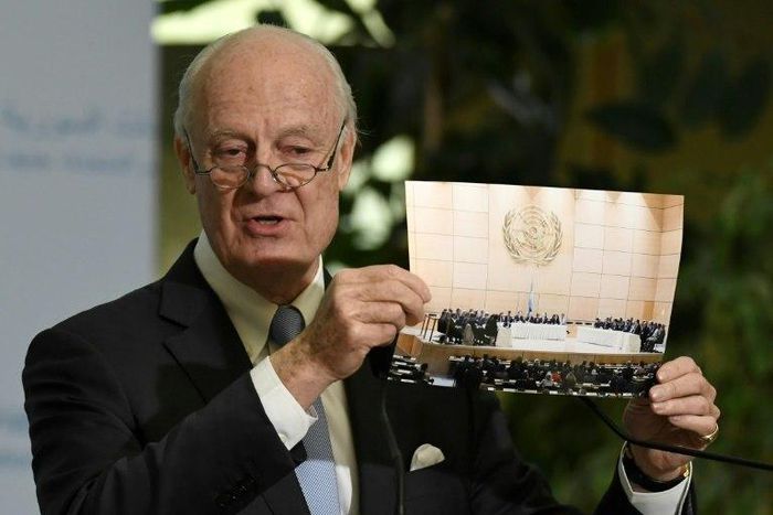UN Special Envoy of the Secretary-General for Syria Staffan de Mistura shows a picture during a press conference as part of the Intra-Syrian peace talks at the European headquarters of the United Nations in Geneva, on March 3, 2017