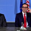 German Finance Minister Wolfgang Schaeuble (L) and US Secretary of the Treasury Steven Mnuchin attend a press conference at the finance ministry in Berlin