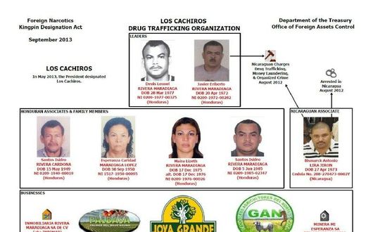 Handout photo chart courtesy of the US Treasury Office of Foreign Assets Control shows the 2013 Los Cachiros drug trafficking cartel