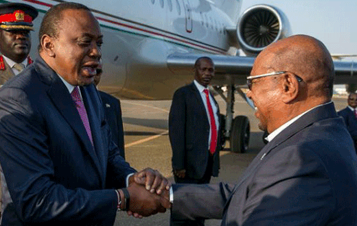 President Uhuru Kenyatta is welcomed by Sudanese President Omar Bashir in 2016.