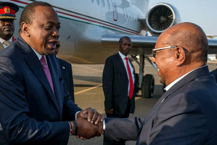 President Uhuru Kenyatta is welcomed by Sudanese President Omar Bashir in 2016.