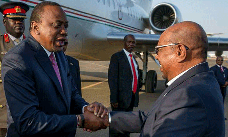President Uhuru Kenyatta is welcomed by Sudanese President Omar Bashir in 2016.