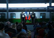 French President Emmanuel Macron and President Uhuru Kenyatta during a public address at the Nairobi Central Railway Station (PSCU)