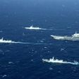 A Chinese navy formation, including the aircraft carrier Liaoning (C), during military drills in the South China Sea on January 2, 2017