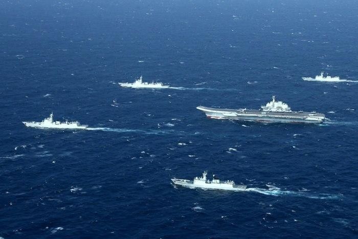 A Chinese navy formation, including the aircraft carrier Liaoning (C), during military drills in the South China Sea on January 2, 2017