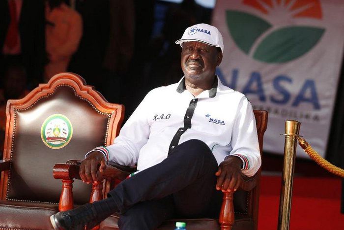 NASA principal Raila Odinga after he was unveiled as the opposition Presidential candidate for the August 8General Election in Uhuru Park on April 27.