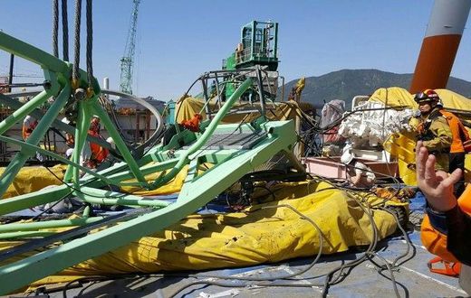Two cranes collided at the Geoje shipyard in South Korea, causing a 60-metre, 32-tonne crane section to break and crash onto a workers' rest area below killing six