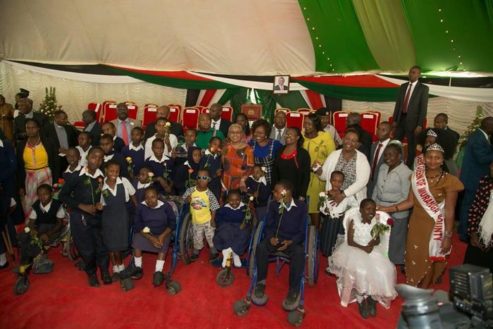 First Lady Margaret Kenyatta with the disabled children at the AIC Cure International Hospital.