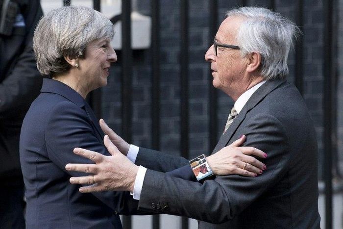 European Commission President Jean-Claude Juncker held talks with British Prime Minister Theresa May at No. 10 Downing Street in April 2017