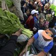Farmers give away vegetables during a protest at Plaza de Mayo square near the Casa Rosada presidential palace in Buenos Aires, on April 26, 2017
