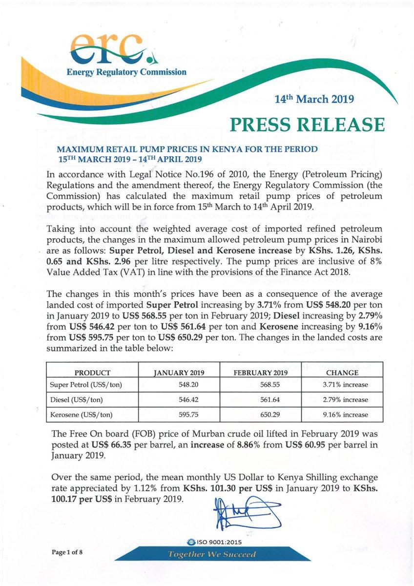 Press release of the new fuel prices by ERC (Twitter)