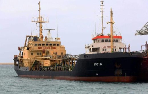 The Ruta oil tanker flying the Ukranian flag, is seen at the Tripoli seaport on April 29, 2017, after it was seized by the Libyan navy