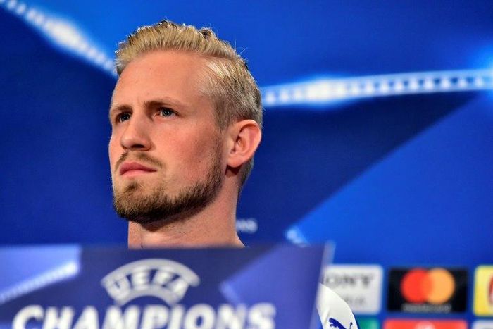 Leicester City's goalkeeper Kasper Schmeichel attends a press conference at the Vicente Calderon stadium in Madrid on April 11, 2017 on the eve of the UEFA Champions League quarter final first leg football match Atletico de Madrid vs Leicester City
