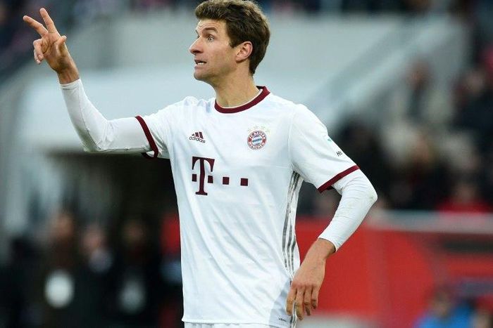 Bayern Munich's striker Thomas Mueller gestures during the German first division Bundesliga football match against FC Ingolstadt 04 February 11, 2017