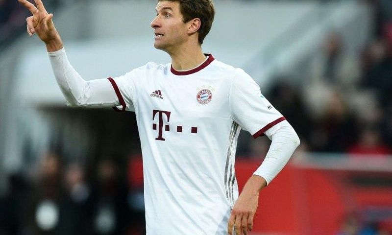 Bayern Munich's striker Thomas Mueller gestures during the German first division Bundesliga football match against FC Ingolstadt 04 February 11, 2017