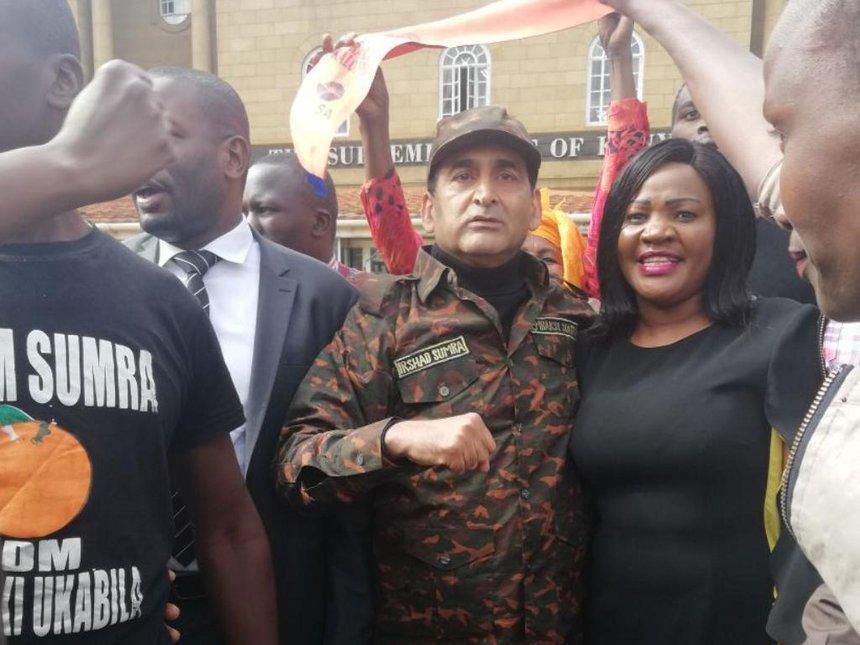 Former MP Irshad Sumra with ODM sec gen Edwin Sifuna after winning election petition at the Supreme Court