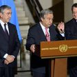 UN Secretary-General Antonio Guterres (C), pictured in January 2017, has arranged for rival Cypriot leaders, Turkish Mustafa Akinci (L) and Greek Cypriot President Nicos Anastasiades (R), to meet in New York this weekend