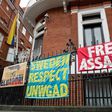 Banners supporting WikiLeaks founder Julian Assange are pictured outside the Ecuadorian Embassy in London