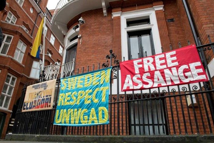 Banners supporting WikiLeaks founder Julian Assange are pictured outside the Ecuadorian Embassy in London