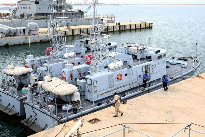 Two of the four Libyan Coast Guard ships are docked in the harbour of the capital Tripoli, following their return after undergoing maintenance in Italy on May 15, 2017