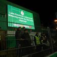 Infromation board reads, "Dear fans, due to the adverse weather conditions, the match has being cancelled" in Sportpark am Lotter Kreuz in Lotte, western Germany on February 28, 2017