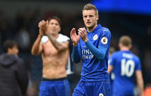 Leicester City's Jamie Vardy applauds supporters after their English Premier League match against West Bromwich Albion, at The Hawthorns stadium in West Bromwich, on April 29, 2017